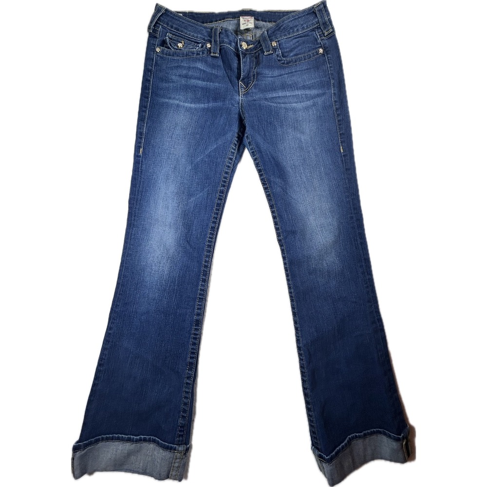 True Religion Women's Jeans 32 Medium Wash Rhinestone Crystal Button Flap Pocket